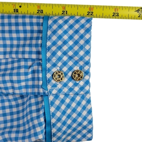 Coral Bay Blouse Size 2X Blue White Gingham Roll Tab Sleeves Button Cuff Pockets - Picture 8 of 9
